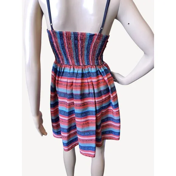 Band Of Gypsies Striped Corset Bustier Mini Dress Smocking Red Blue Size Small - Picture 5 of 13
